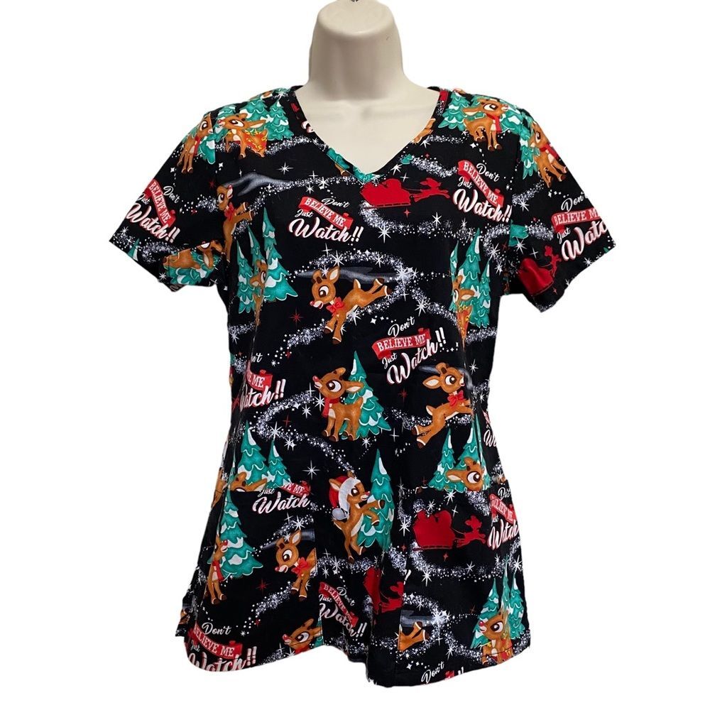 Rudolph the Red Nose Reindeer Women’s Scrub Top Christmas NWOT Sz S